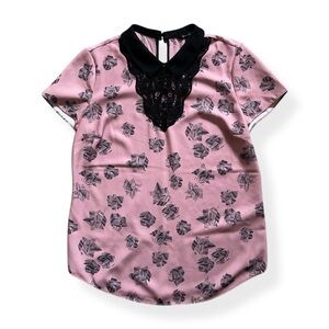 Pink Floral Women's Top with Black Collar
